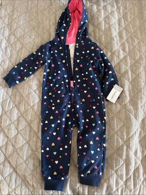 Carter's Navy Hearts Hooded Zip-Up One-Piece with Pink Hood Lining